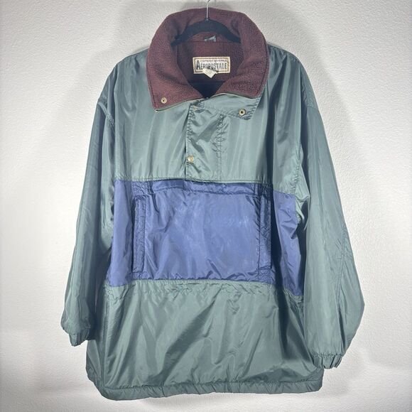 Vintage Mens 1/4 Zip Blue Green Pull Over Fleece Lined Wind Breaker Jacket Large - Picture 1 of 9